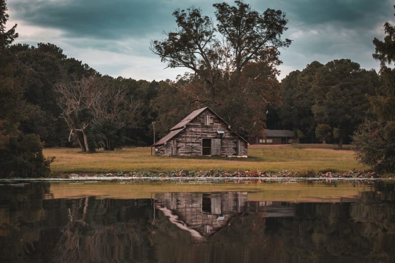 Home 12 Rustic cabin reflected in a calm lake, framed by a dense forest.